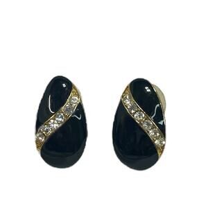 Vintage Trifari Black Enamel Gold Tone Rhinestone Pierced Earrings